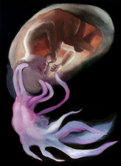 Soul entering a fetal host, gouache on watercolor paper, 2025